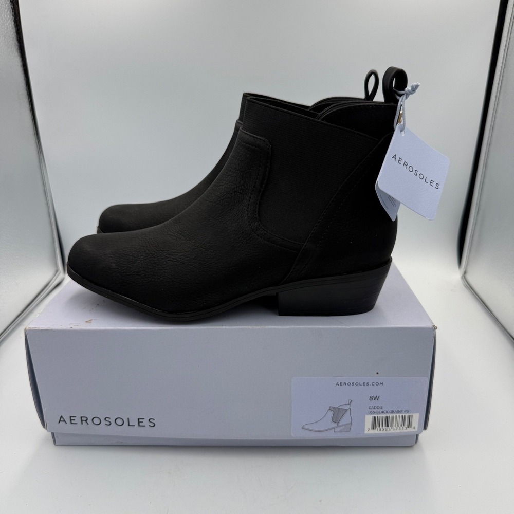 Aerosoles Caddie Black Grainy PU Ankle Boots Womens 8W Chelsea Booties New